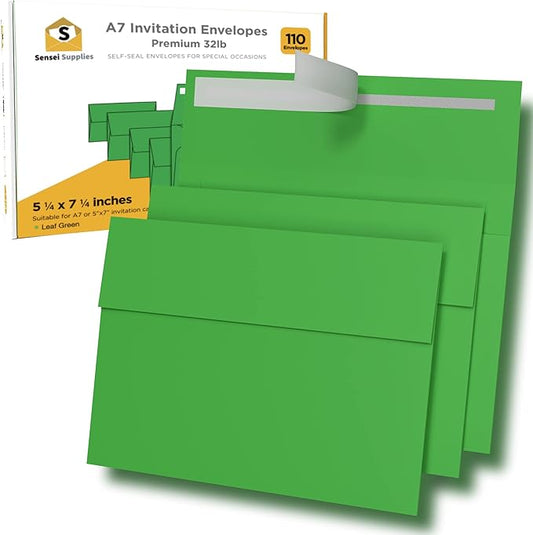 110 5x7 Leaf Green Invitation Envelopes - for 5x7 Cards - A7 - (5 ¼ x 7 ¼ inches) - Perfect for Weddings, Graduation, Baby Shower - 120 GSM - Peel, Press & Self Seal - Square Flap