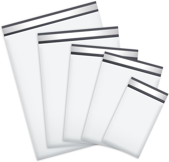 UCGOU 60 Pack Not Padded White Poly Mailers Variety Pack, 6x9 Inch & 9x12 Inch & 10x13 Inch & 12x15.5 Inch & 14.5x19 Inch Mailing Bags, Self-sealing Adhesive Mailers Assorted Sizes for Small Business