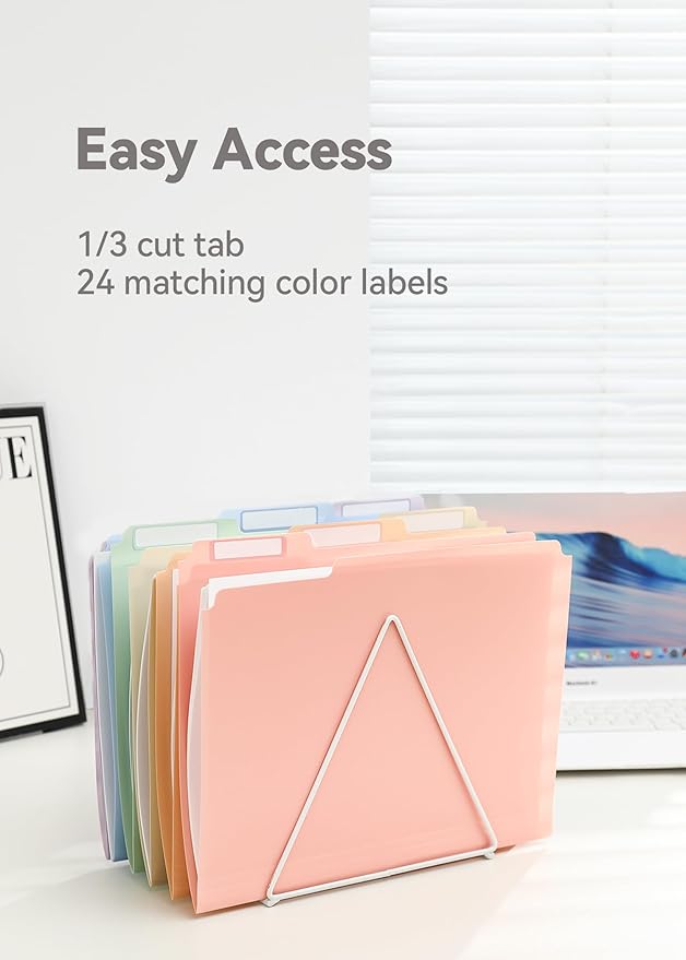 Plastic Manila Folders 8.5 x 11, 12 Pack, Poly Pastel File Folders, 1/3-Cut Tabs with Colorful Labels, Letter Size