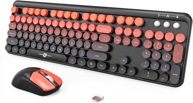 Wireless Keyboard and Mouse Combo, 104 Keys Full-Sized 2.4 GHz Round Keycap Colorful Keyboards, USB Receiver Plug and Play, for Windows, Mac, PC, Laptop, Desktop (BlackOrange)