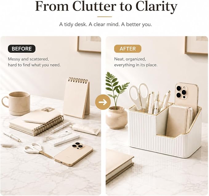 Luxury PU Leather Desk Organizer for Office Accessories, Aesthetic Pen Holder for Desk, Modern Desktop Storage Organizer for Home Office Supplies Cream White with Gold Trim