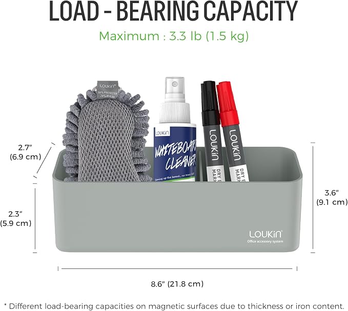 loukin Magnetic & Adhesive Marker Holder, Whiteboard Accessory Tray, Grey | 8.6" × 2.7", Holds 4 Erasers and 12 Markers, Supports up to 3.3 lb, 2 Mounting Options, Fits Glass and Refrigerators