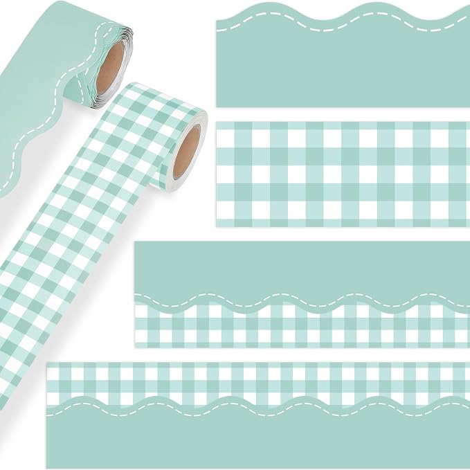 2 Rolls 65.6ft Mint Green Gingham Bulletin Board Borders Decoration Green Checkered and Straight Edge Bulletin Borders Board Trim for Office School Classroom Chalkboard Party Decoration