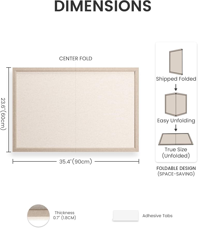 Fluxynara 35.4" x 23.6" Felt Frame Bulletin Board, Oatmeal | Cork Board Alternative with 24 Removable Adhesive Tabs, Foldable Pin Board for Wall, Home, Office, Classroom & Dorm