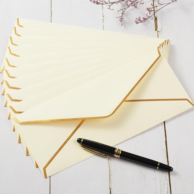 50 Pack #10 Business Envelopes with Gold Border, Self Seal Standard Envelopes with Gold Stickers for Office, Checks, Letter Mailing, Invoices, 4 1/8 x 9 1/2 Inches (Cream Color)