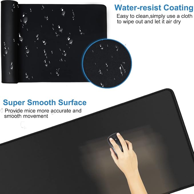 Large Gaming Mouse pad, 31.5x15.7 in Extended Desk Pad with Stitched Edges | Mousepad, Premium Microfiber Cloth Surface Waterproof Non-Slip Stable Rubber Base Keyboard Mat for Office Home Gaming, Black