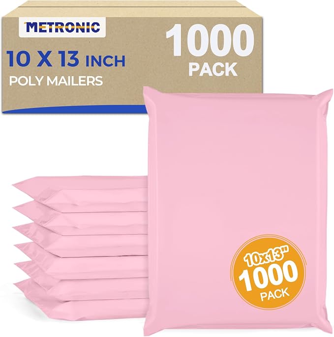 Metronic Poly Mailers 10x13 1000 Pack, Small Bulk Shipping Bags for Clothes | Heavy Duty Self Seal Waterproof Tear-resistant Packaging Bags, Mailing Envelopes for Clothing, Small Business, Light Pink.