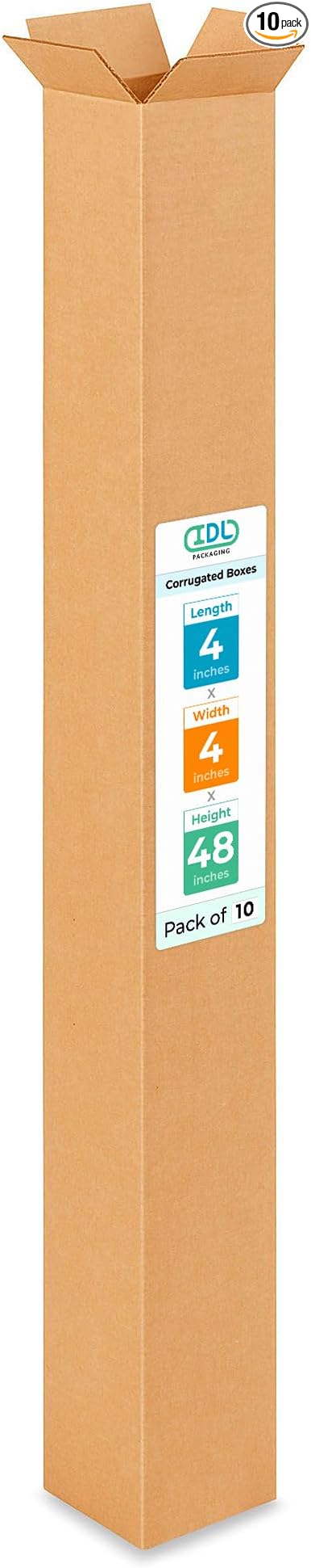 Tall Moving & Shipping Boxes 4x4x48 inches (10-Pack) - Extra Strength 200 lb vs Regular - USA-Made Corrugated Packing Boxes for Moving - Carton Box for Moving - Moving Supplies Box by IDL Packaging