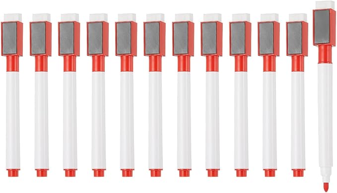 PATIKIL Magnetic Whiteboard Pen, Fine Tip Dry Erase Red White Board Markers with Eraser Whiteboard Calendar Supplies for Classroom Office, 12 Pcs, 0.5-1mm Tip