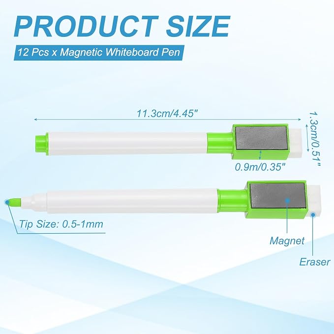 PATIKIL Magnetic Whiteboard Pen, Fine Tip Dry Erase Green White Board Markers with Eraser Whiteboard Calendar Supplies for Classroom Office, 12 Pcs, 0.5-1mm Tip
