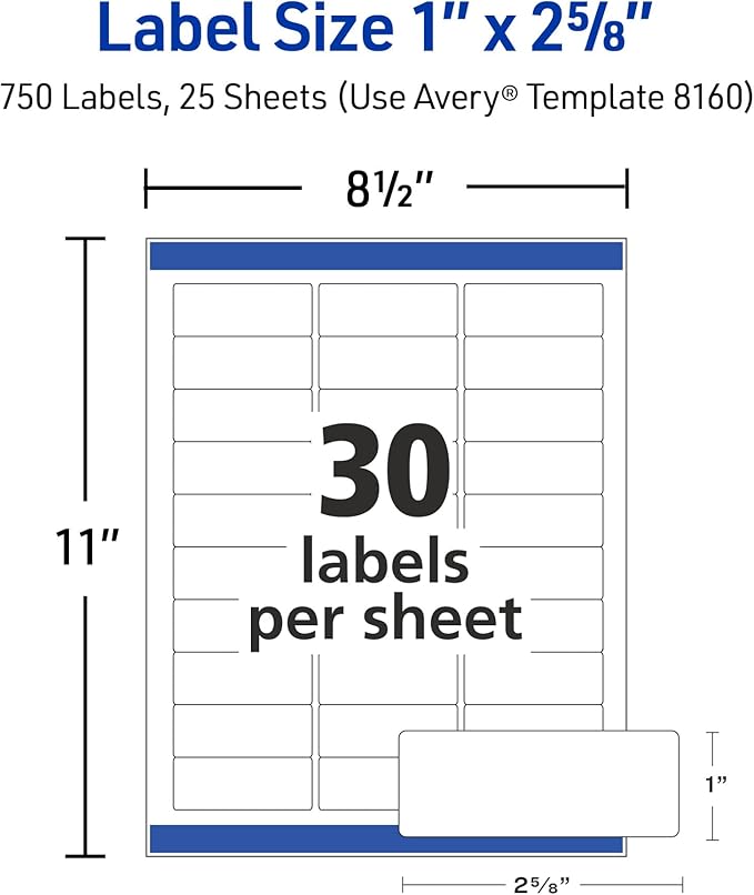 Avery Easy Peel Printable Address Labels with Sure Feed, 1" x 2-5/8" Customizable Stickers, White, 3,750 Blank Mailing Labels, Great for Mailing, Shipping, and More (5-Pack of 8160)