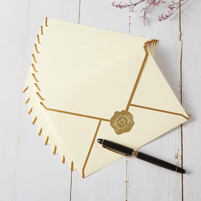 50 Pieces A4 Envelopes with Gold Border, 4.25 x 6.25 Inches Envelopes with Gold Stickers for Greeting Cards and Invitation (Cream Color, A4-4x6)