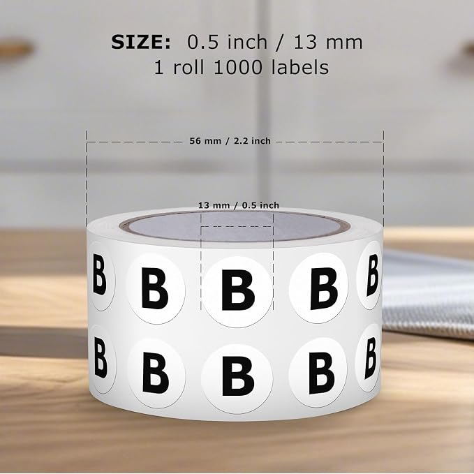 Letter B Stickers 0.5 Inch Vinyl Round Alphabet Label 1000 PCS | Self-Adhesive, Removable, Waterproof, Circle Capital Dots Tags, for Home Office Inventory Classroom