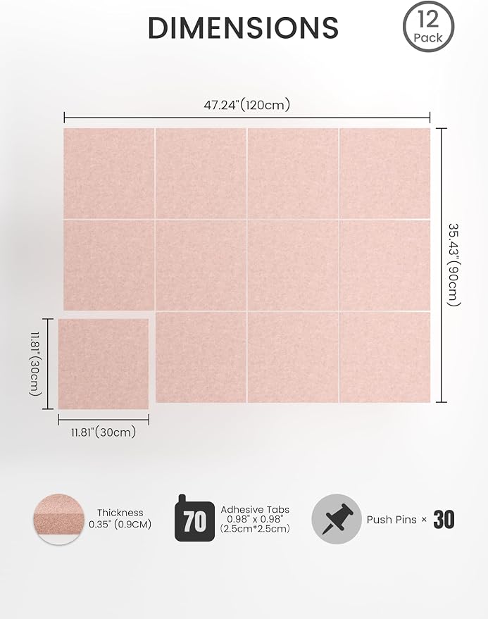 Bumusty 48" x 36" Large Cork Board Alternative, Pink | 12-Pack Felt Bulletin Board Tiles, 60 Adhesive Tabs, 30 Pushpins, Home, Office, Classroom, Vision Board