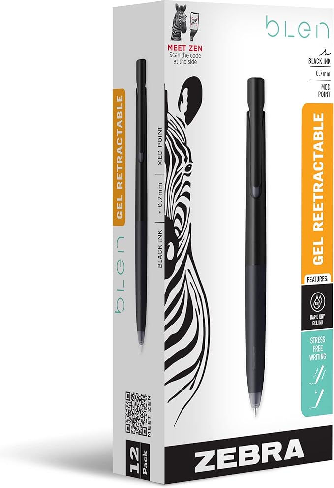 Zebra Pen, bLen Retractable Gel Pens, Medium Point 0.7mm, Black Ink, Black Barrels, Rapid Dry Gel Ink, Low Vibration for More Stable, Easier to Control Writing, Refillable, 12-Pack (41410)