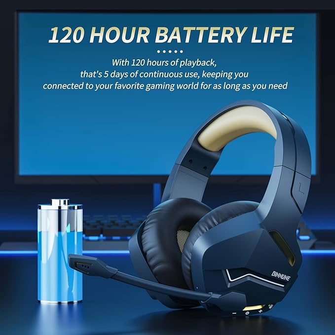BINNUNE Wireless Gaming Headset for PS5 PC, 120H Ultra-Long Battery, 2.4GHz & Bluetooth 5.3 Wireless Gaming Headphones, PS5 Hadset Wireless with Mic, 50mm Drivers, Comfort Over Ear Headphones,Gold