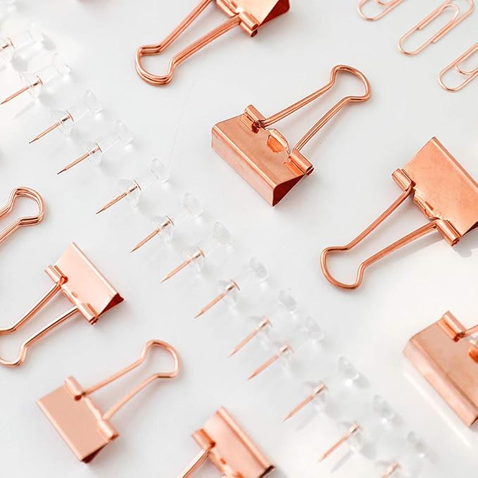 Paper Clips Binder Push Pin Set, Assorted Sized Binder Clips | Cute Office Supplies, Aesthetic Desk Accessories Teachers Desk Must Have, Paper Clips and Binder Clips Set, Rosegold, 1 Pack