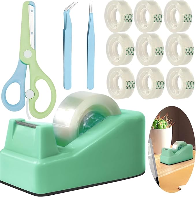Desktop Tape Dispenser Kits with Weighted Nonskid Base Tape Dispenser- Includes 9 Rolls of Transparent Tape(0.71 Inch x 500 inches Each) & Blue Scissors, 2 Pcs Tweezers (Green)
