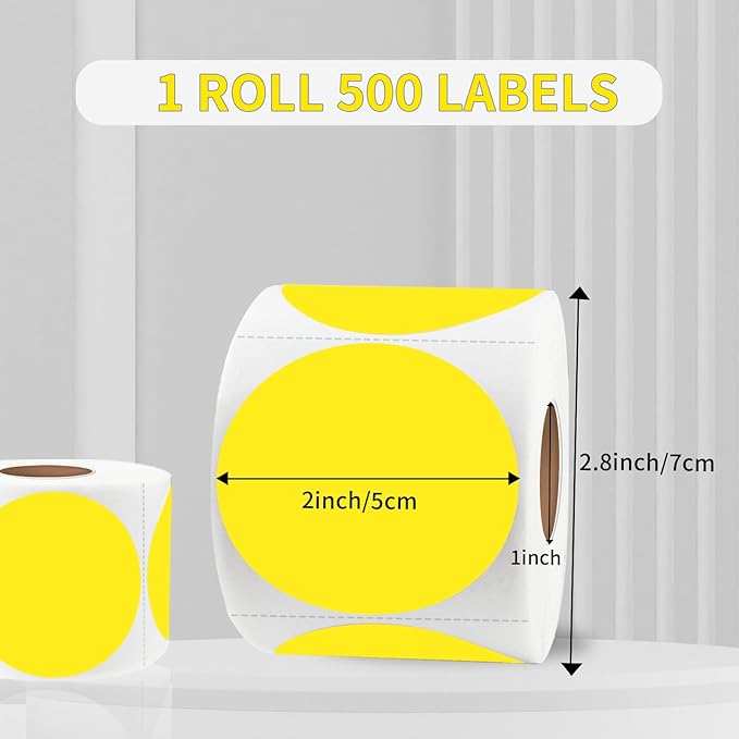starboling Thermal Labels,2 Inch Yellow Round Thermal Printer Stickers,Self-Adhesive Round Direct Thermal Labels,Thermal Stickers for DIY Logo Design,Name Tag (500/Roll）