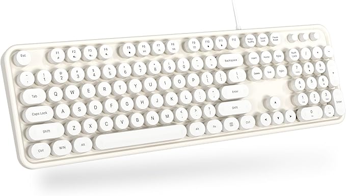 Computer Keyboard Wired, Plug and Play USB Retro Round Typewriter Keyboard, Full Size Wired Keyboard with Foldable Stands for Laptop and Office PC