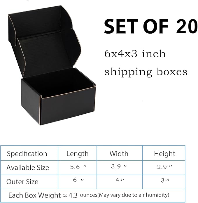 Small Shipping Boxes 6x4x3 Inches - Black Corrugated Cardboard Boxes (20-Pack) for Mailing, Packing, Small Business & Gift Packaging - Recyclable & Sturdy