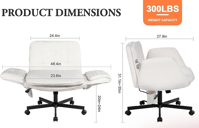 Criss Cross Chair with Lumbar Airbag & Folding Arms Relieve Back Pain, Wide Cross Legged Office Chair for Home Office, Comfy Swivel Desk Chair with Wheels, 5 Level Adjustable Armrest, Chenille(White)