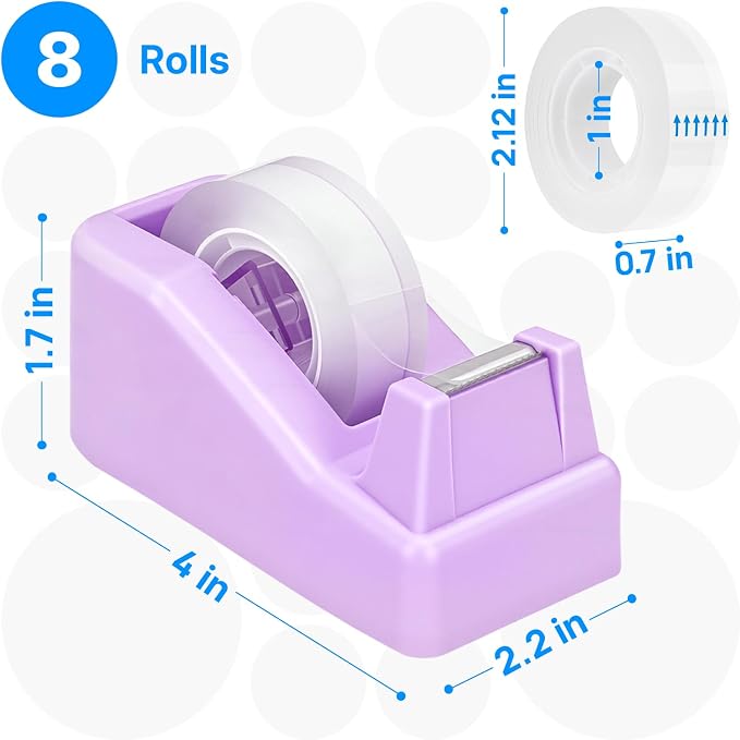 OWLKELA 1 Pcs Lightweight Desktop Tape Dispenser, Purple | Non-Skid Base, with 8Pcs Transparent Tape,Ideal for Office, Home, School