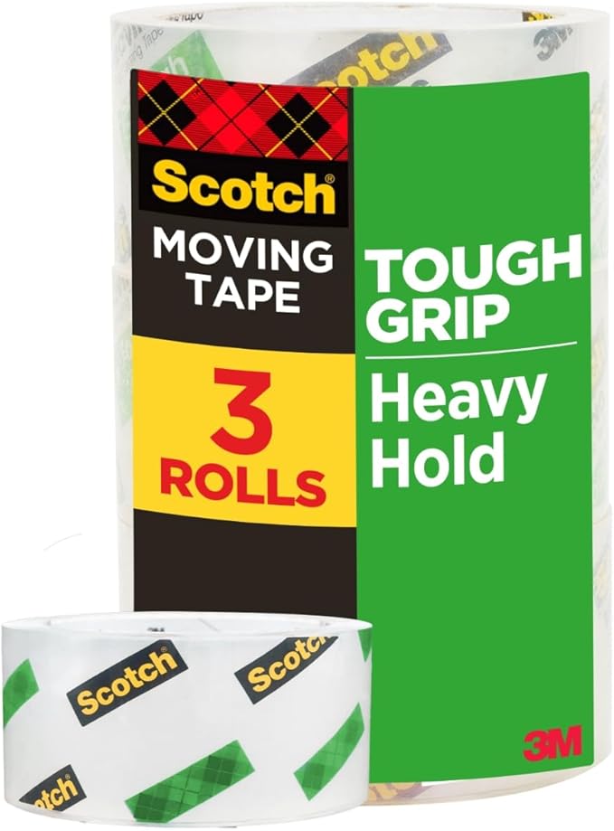 Scotch Tough Grip Moving Packing Tape, Clear, Moving Tape That Secures Boxes up to 80 Pounds, 1.88 in. x 38.2 yd., 3 Tape Rolls