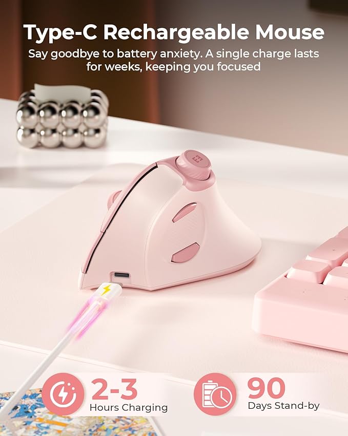 seenda Ergonomic Mouse Wireless, MOU-302 Bluetooth Vertical Mouse Rechargeable, Optical Mice with 1000/1600/2400 DPI, Volume Knob, 3 Multi-Device Connectivity for Computer/PC/Laptop/Mac, Pink