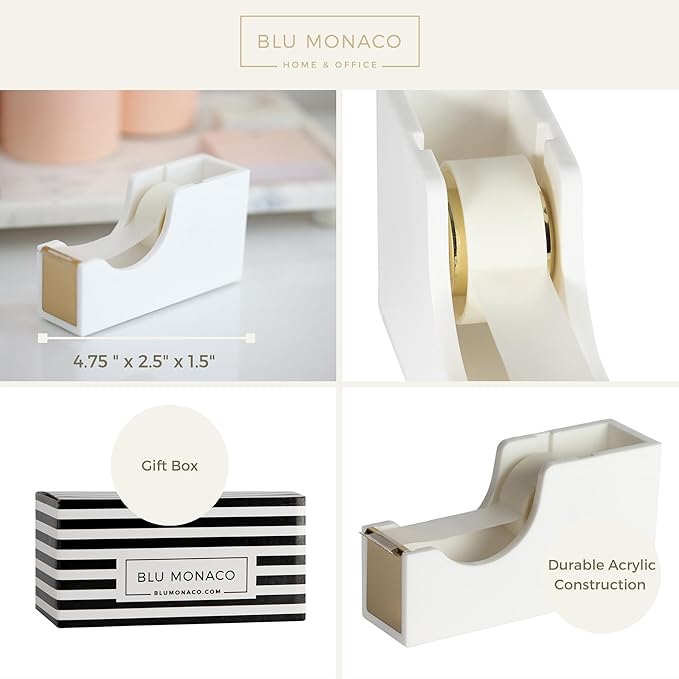 BLU MONACO White and Gold Tape Dispenser | Acrylic Desktop Tape Cutter with Smooth Blade & Weighted Non-Slip Base | Fits Standard & Large Rolls | Cute Desk Accessory for Office & Home