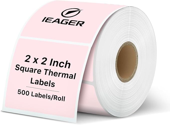 iEager Pink Square Thermal Label Stickers, 2"x2" Self-Adhesive Square Direct Thermal Labels with Perforation Line, 500 Sheets/Roll