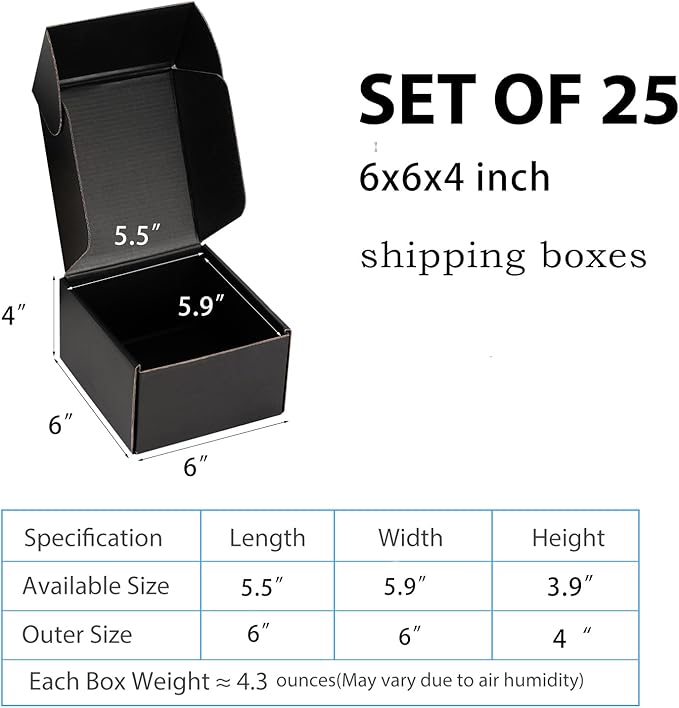 Small Shipping Boxes 6x6x4 Inch (25 Pack) - Sturdy Black Corrugated Cardboard Boxes for Small Business, Ecommerce, Mailing & Packaging | Recyclable Gift & Storage Boxes