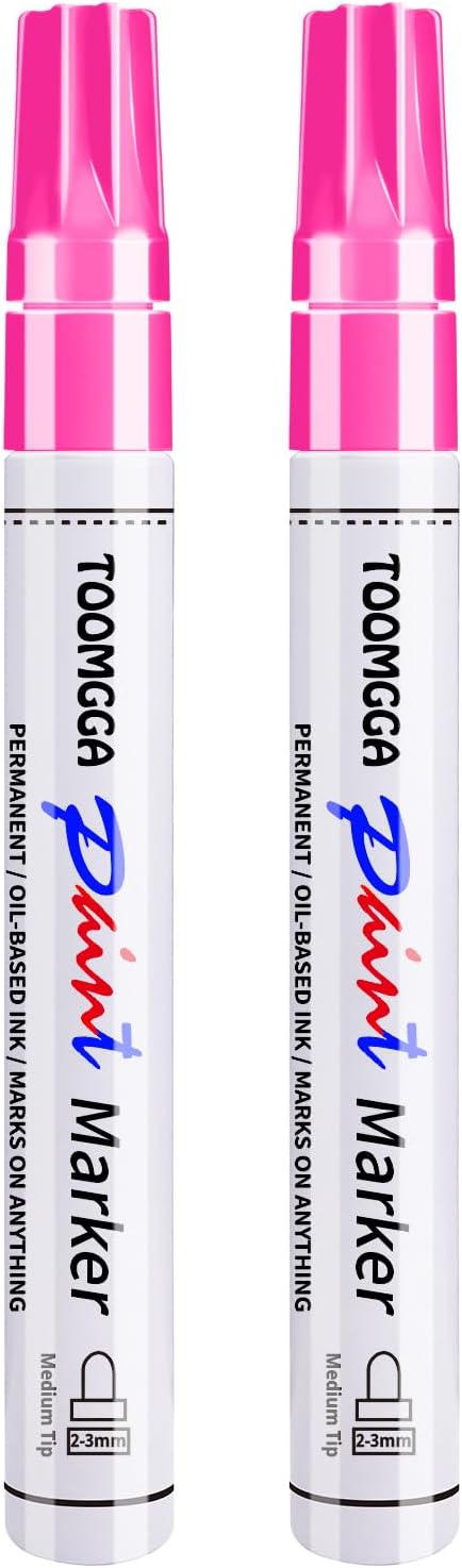 TOOMGGA 2 Pink Paint Pens Permanent Paint Markers, Oil Based Medium Tip | Marking Pens, Quick Drying, Waterproof, Fade-resistant, for Rock Painting, Car Tyre, Metal, Plastic, Canvas, Mugs, Wood