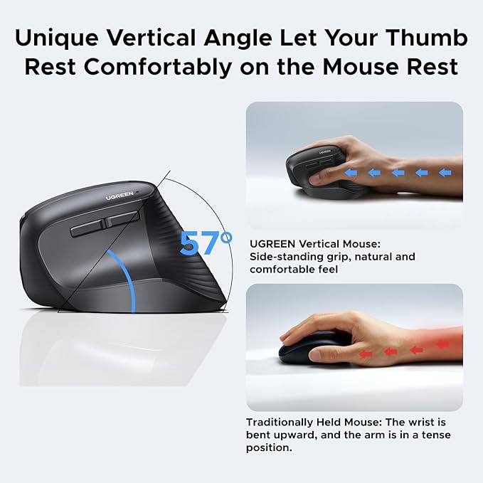 UGREEN Ergonomic Mouse, Wireless Bluetooth Vertical Mouse, Dual-Mode (BT 5.4 & USB 2.4G), Quiet Clicks, 4 Adjustable DPI (1000/1600/2000/4000), Compatible with Windows/Mac/Linux/Android/ChromeOS