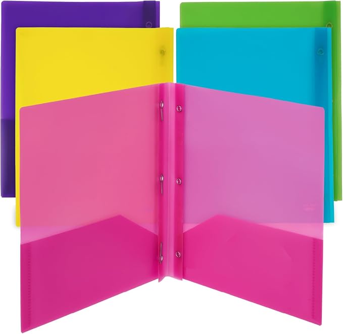 Mr. Pen- Plastic Folders with Pockets and Prongs, 5 Pack, Translucent | Colorful, File Folders with Fasteners, 2 Pocket Folder