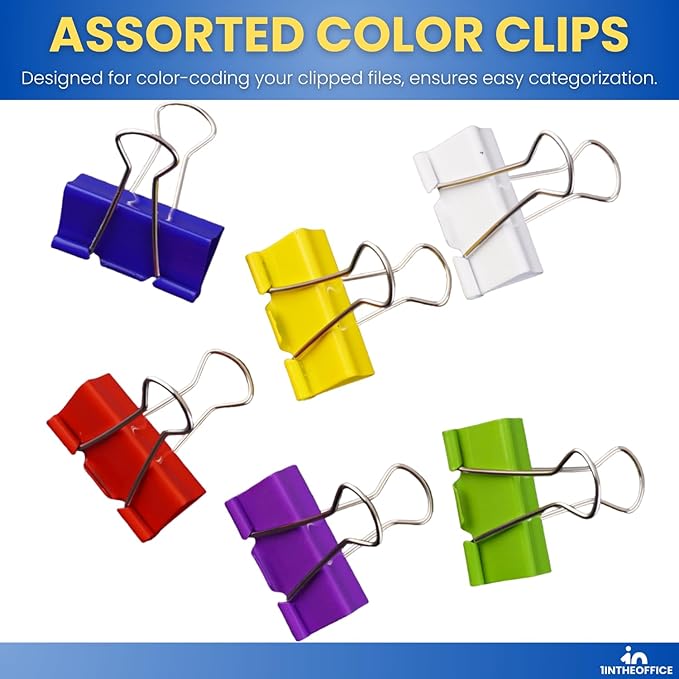 1InTheOffice Large Binder Clips Colored, 2" Size with 1" Capacity -12 Clips