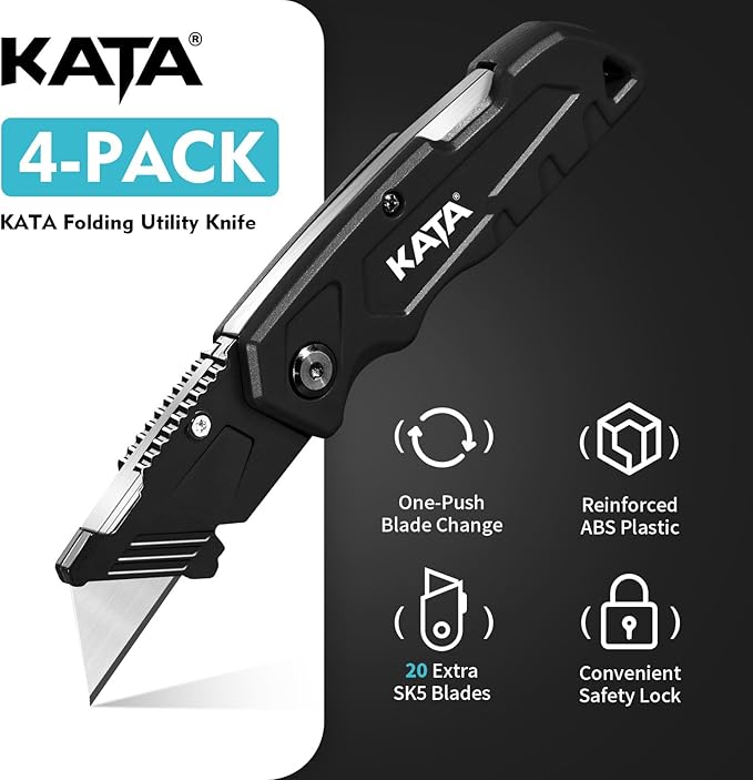 KATA Folding Utility Knife 4-Pack, Heavy Duty Box Cutter with Pocket Clip, Fixed Blade Safety Knife, Quick-Change Razor, Includes 20 Extra SK5 Blades Cutting for Cardboard, Carpet, Rope & DIY