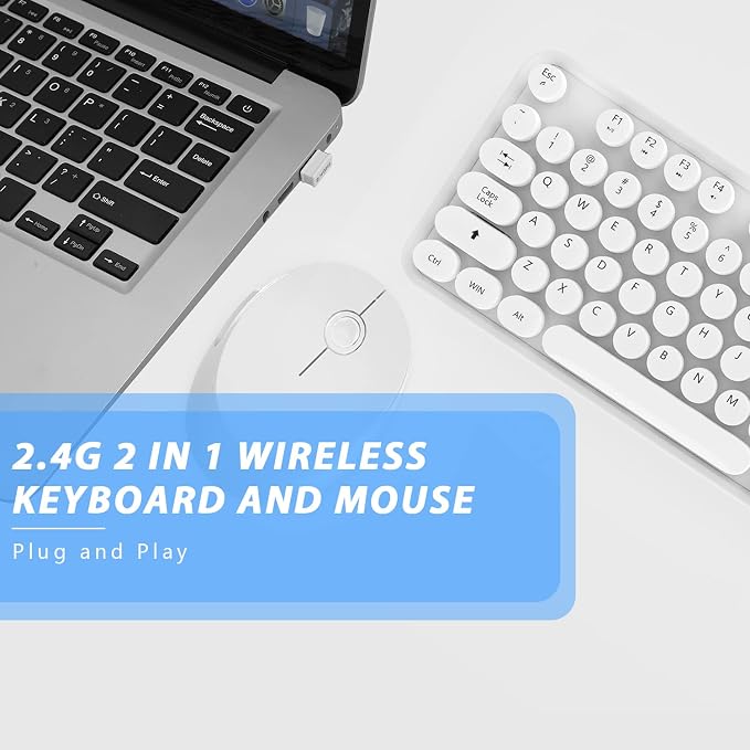 Wireless Keyboard Mouse Combo,104 Keys Cute Colorful Typewriter White | Full Size With Number Pad & Mouse,Compatible With All Windows,Ideal For Windows,1600DPI,Computer, PC, Notebook, Laptop