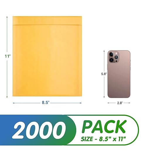 Kraft Bubble Mailers 8.5 x 11 Inch Yellow, Padded Envelopes Self Seal, Pack of 2000, Bubble Lined Kraft Paper Mailing Envelopes for Shipping