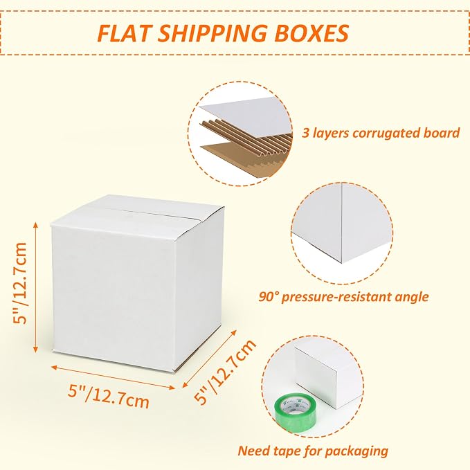 HORLIMER 40 Pack 5x5x5 Shipping Boxes, White Corrugated Cardboard Box for Mailing, Packaging, Small Business