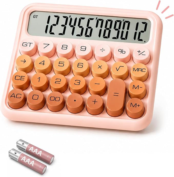TRULY Mechanical Switch Calculator, Cream Pink Cute Retro 12-Digit Desktop Calculator with Satisfying Clicky Keys, Large Angled Display, Big Round Buttons for Office, School, Home & Gifting