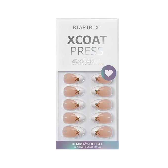 BTArtbox Press on Nails Short -White Designed French Tip Press On Nails Almond with Bow, Glue On Nails for Gifts, Natural Stick On Nails in 16 Sizes - 32 Fake Nails Kit, Dinner Star