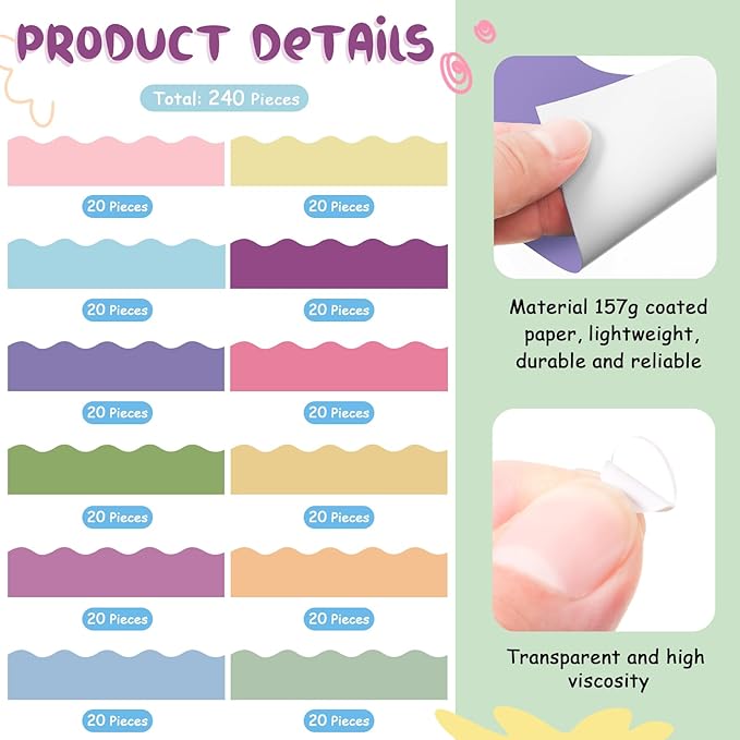 Containlol 236ft Macaron Bulletin Board Decoration, Spring Pastel Classroom Bulletin Board Borders, Bright Scalloped Trim for School Office Poster Chalkboard Whiteboard Wall Decor