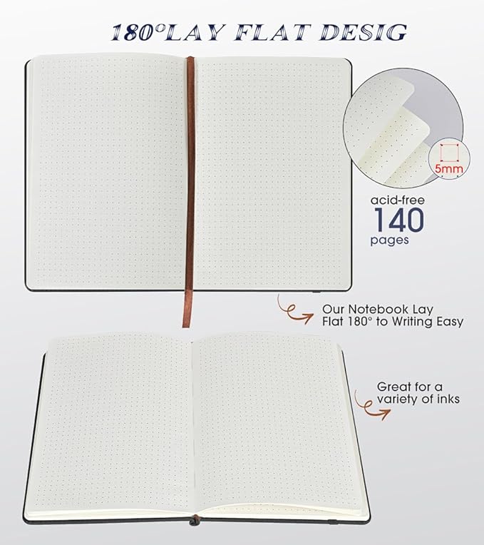 Dotted Journal Notebook for Women Men, 140 Pages Hardcover Dot Grid Notebooks for Work, School & Travel, Leather Journals for Writing, Bullet Journaling 5.7"×8.3" (Black)