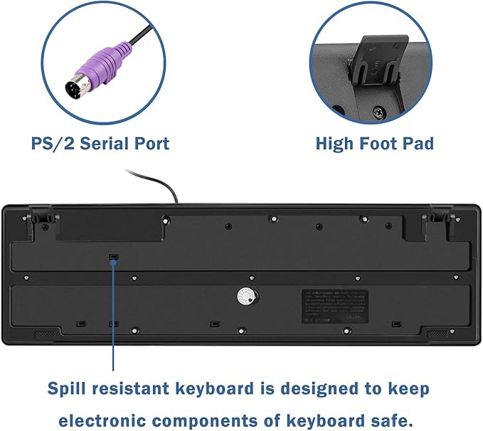 MCSaite Wired PS2 104 Keys Computer Keyboard with Stands,Black,Waterproof - US Layout Compatible for Windows, PC, Laptop