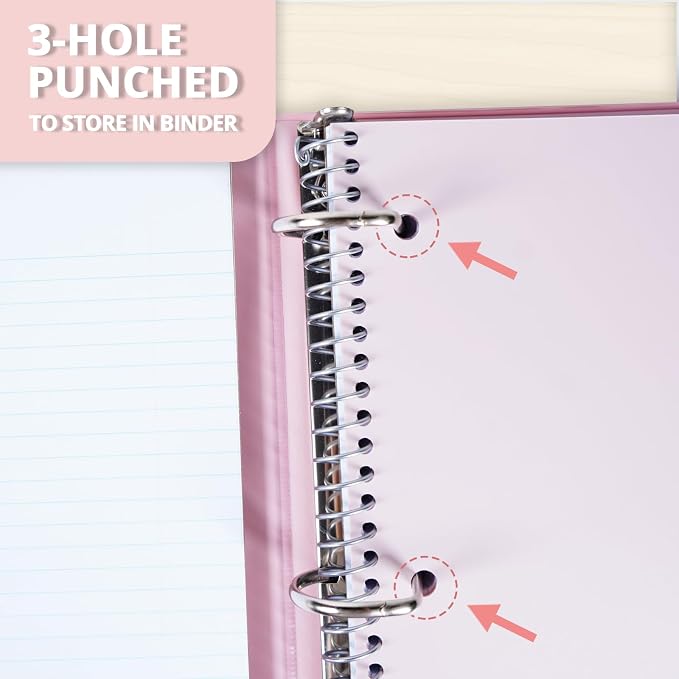 ONAVIA 1 Subject Spiral Notebook College Ruled 6 Pack, 200 Pages, Assorted | 100 Sheets, 9 x 11 in, Waterproof Plastic Cover, Durable, 3-Hole Punched, Divider, Double-Sided Pocket, Study