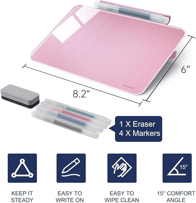 Small Desktop Whiteboard - Glass Dry Erase Board 8 X 6 Inches Tabletop Easel Whiteboard with Stand, Desk Board Buddy for Artist, Teacher and Student - Pink ＆ Gold