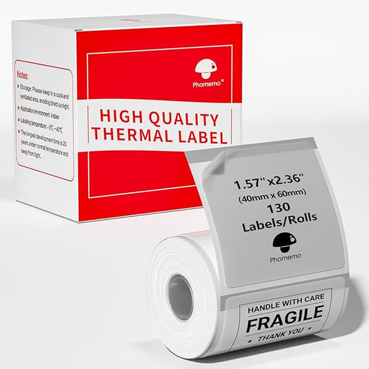 Phomemo Transparent Thermal Labels, 1.57" x 2.36" (40x60mm), Self-Adhesive Thermal Printer Paper, 130 Labels/Roll, for Phomemo M110/M220/M120/M150/M250 Label Printer, Clear