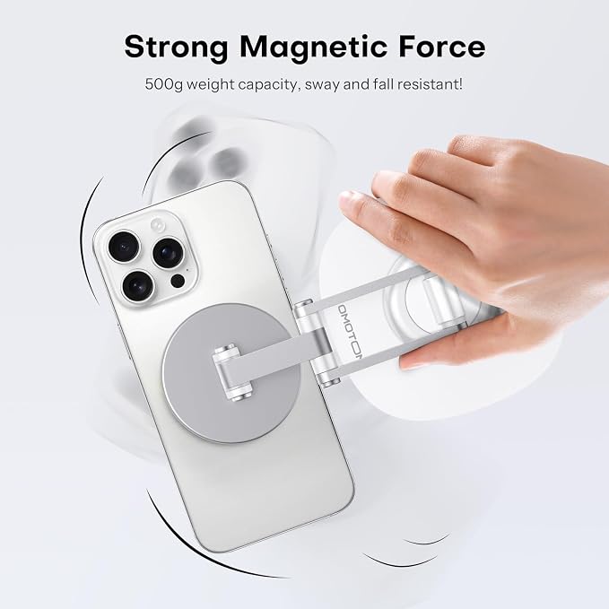 OMOTON MS04 [360° Rotating] Adjustable Magnetic Phone Stand for Desk, White | Foldable Aluminum for MagSafe Cell Phone Stand Holder with Non-Slip Base, for iPhone 17/16/15/14 Pro Max Air/MagSafe Case