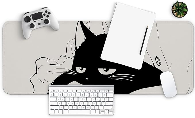 MAY FLOWER Large Gaming Mouse Pad, Full Keyboard Mat, Long Laptop Mousepad, Computer Mouse Mat for Home and Office, Anti-Slip Rubber Base, 31.5 x 11.8 Inches (Black Cat)